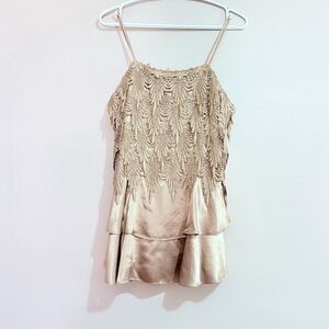 Vintage Bronze Mini Dress w Fringed Lace & Tiered Ruffle Skirt – Size XS/S EUC